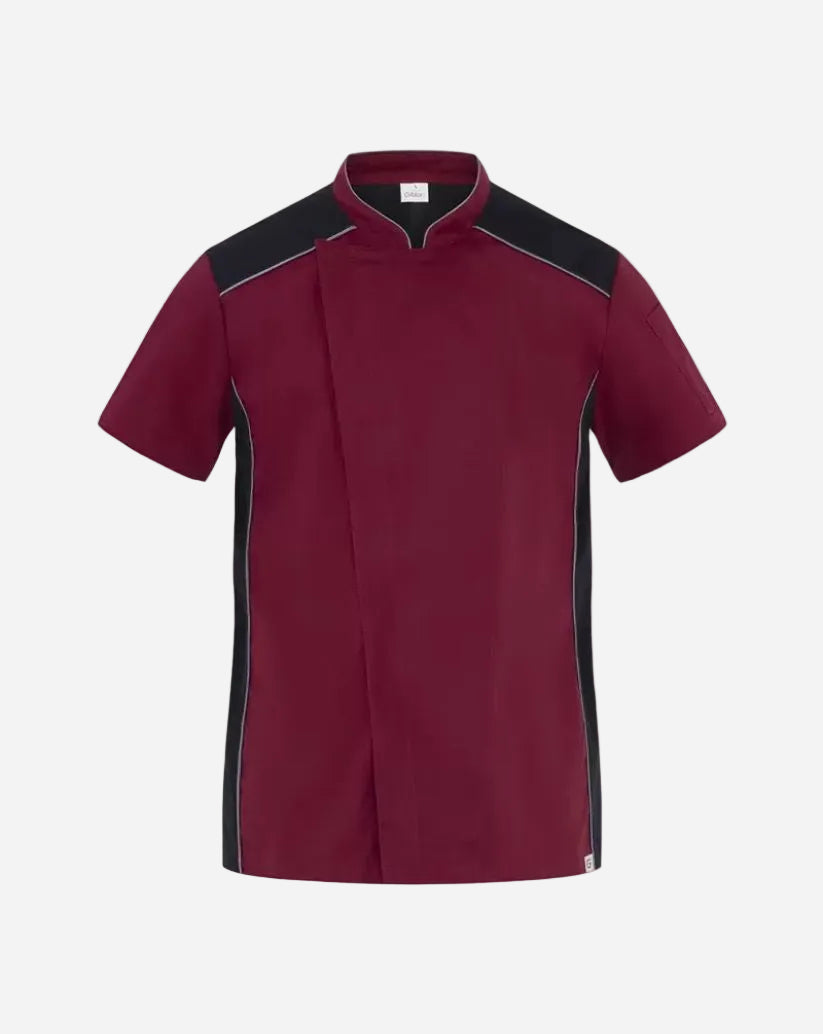 Giacca uomo bordeaux  in misto  cotone con piping grigio, collo alla coreana, maniche corte e inserti in maglia piqué.