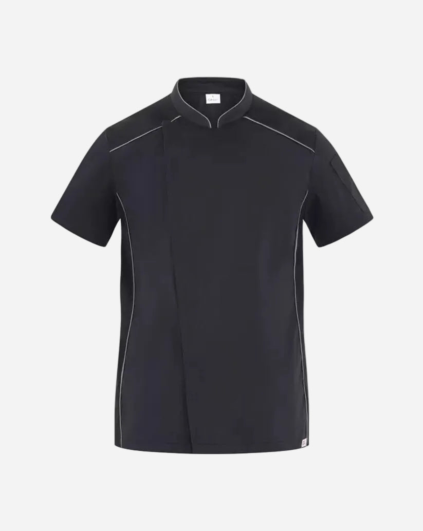 Giacca uomo nera in misto cotone con piping grigio, collo alla coreana, maniche corte e inserti in maglia piqué.