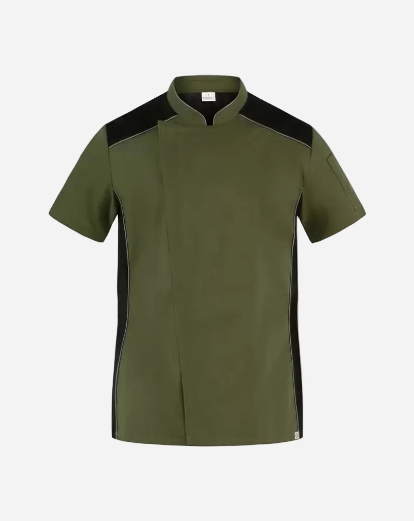 Giacca uomo verde in misto cotone con piping grigio, collo alla coreana, maniche corte e inserti in maglia piqué.