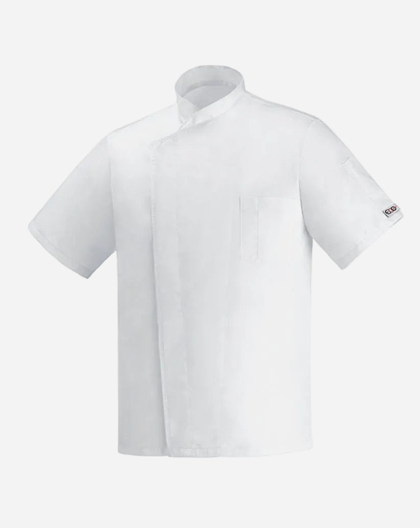 Giacca uomo bianca in microfibra con chiusura a pressione a scomparsa, collo alla coreana, maniche corte e taschino.