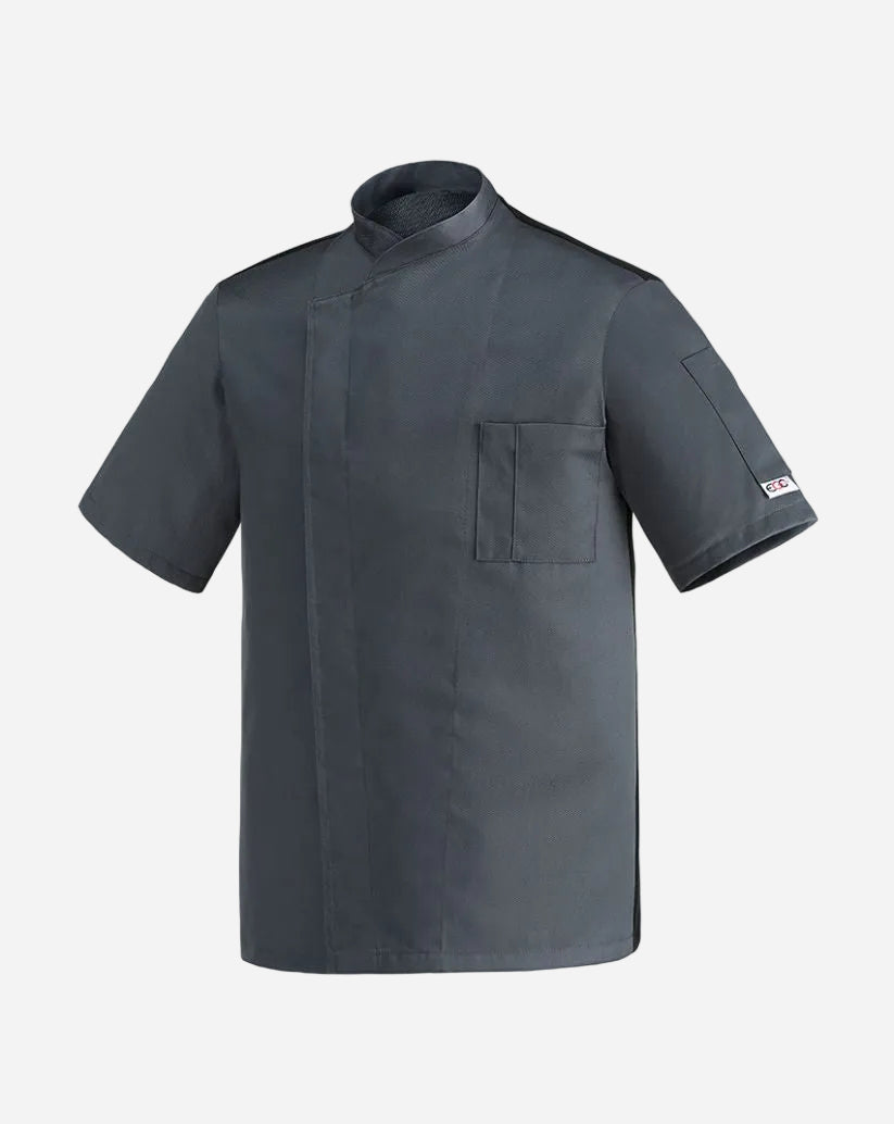 Giacca uomo grigia in microfibra con chiusura a pressione a scomparsa, collo alla coreana, maniche corte e taschino.