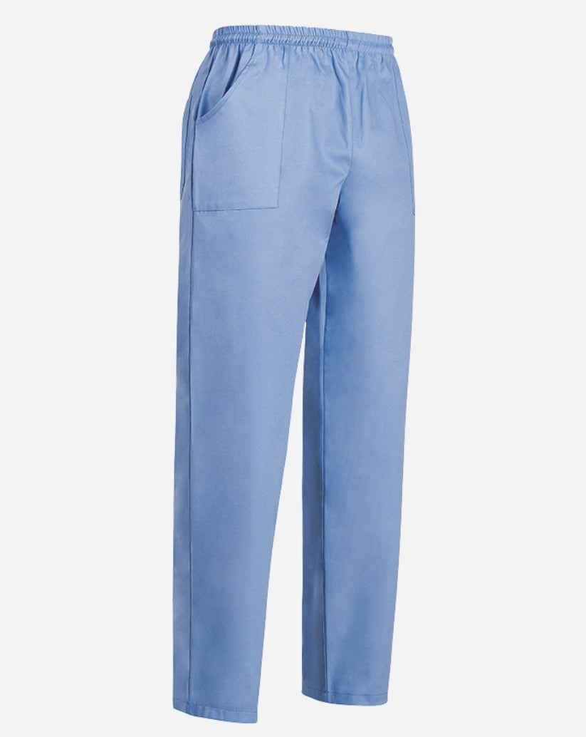 Pantalone unisex  azzurro in cotone con tre tasche, elastico in vita e cordino interno.
