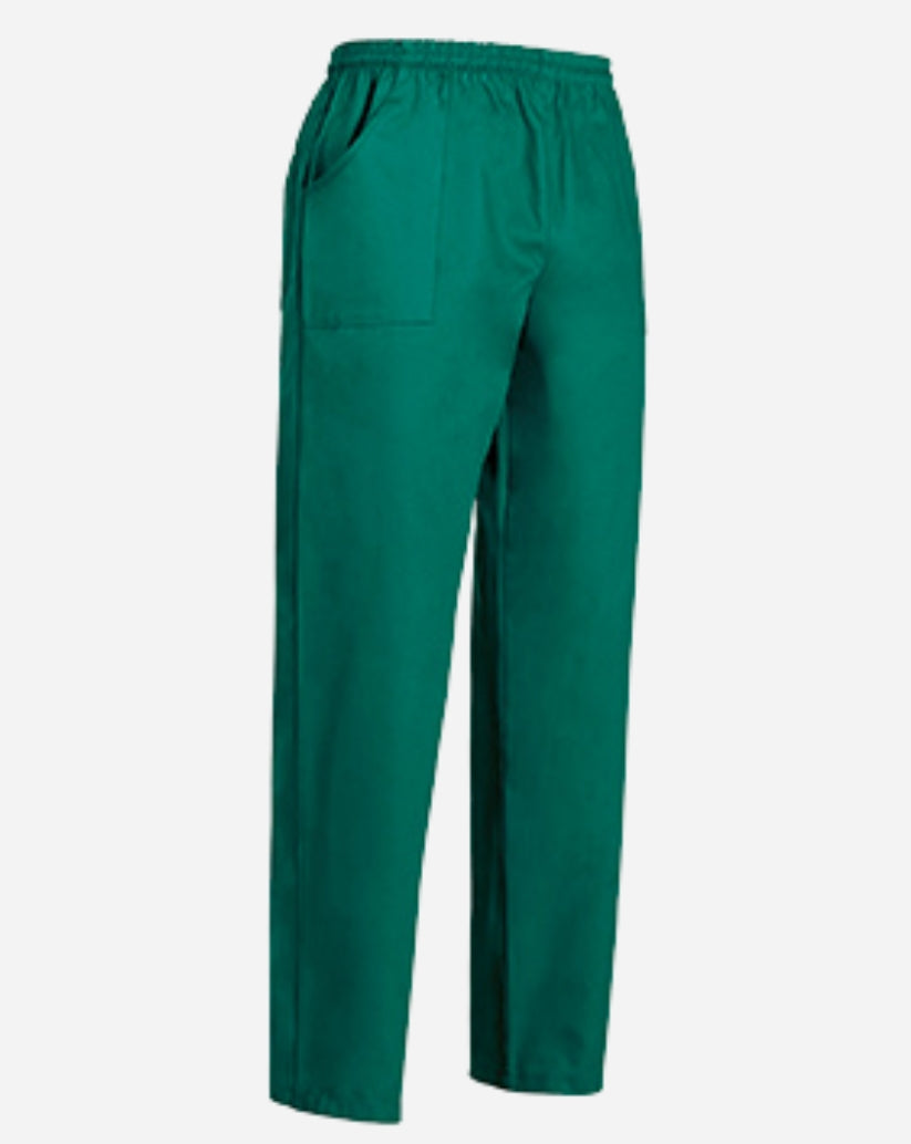 Pantalone unisex  verde in cotone con tre tasche, elastico in vita e cordino interno.