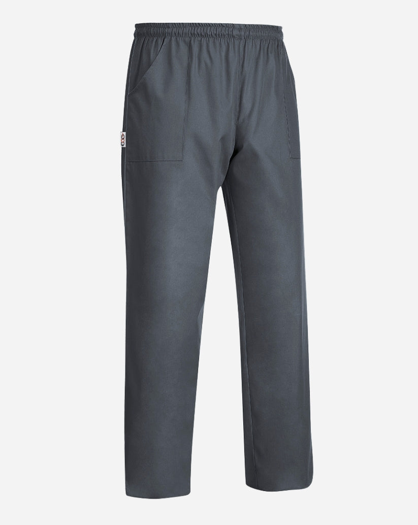 Pantalone unisex  grigio  in cotone e poliestere con tre tasche, elastico in vita e cordino interno.
