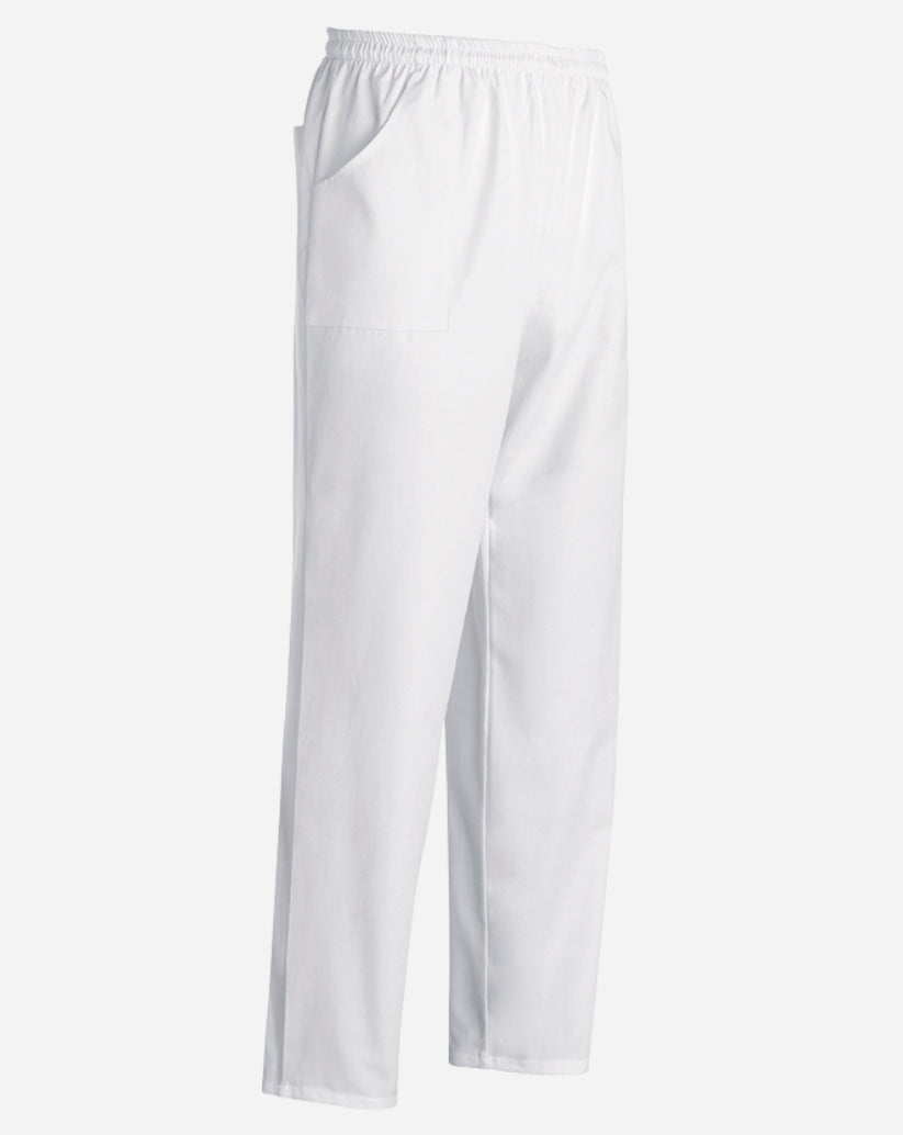 Pantalone unisex  bianco in cotone con tre tasche, elastico in vita e cordino interno.