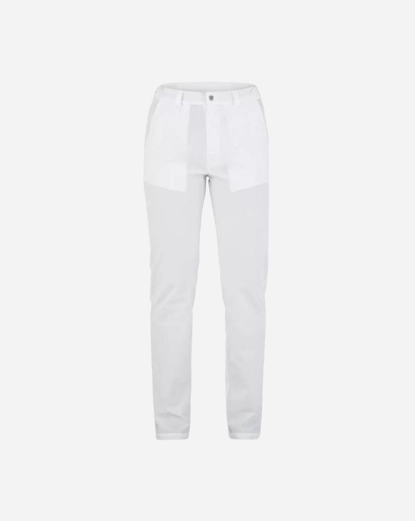 Pantalone unisex bianco in poliestere con tasche alla francese, elastico nel retro fascione e linea slim fit.
