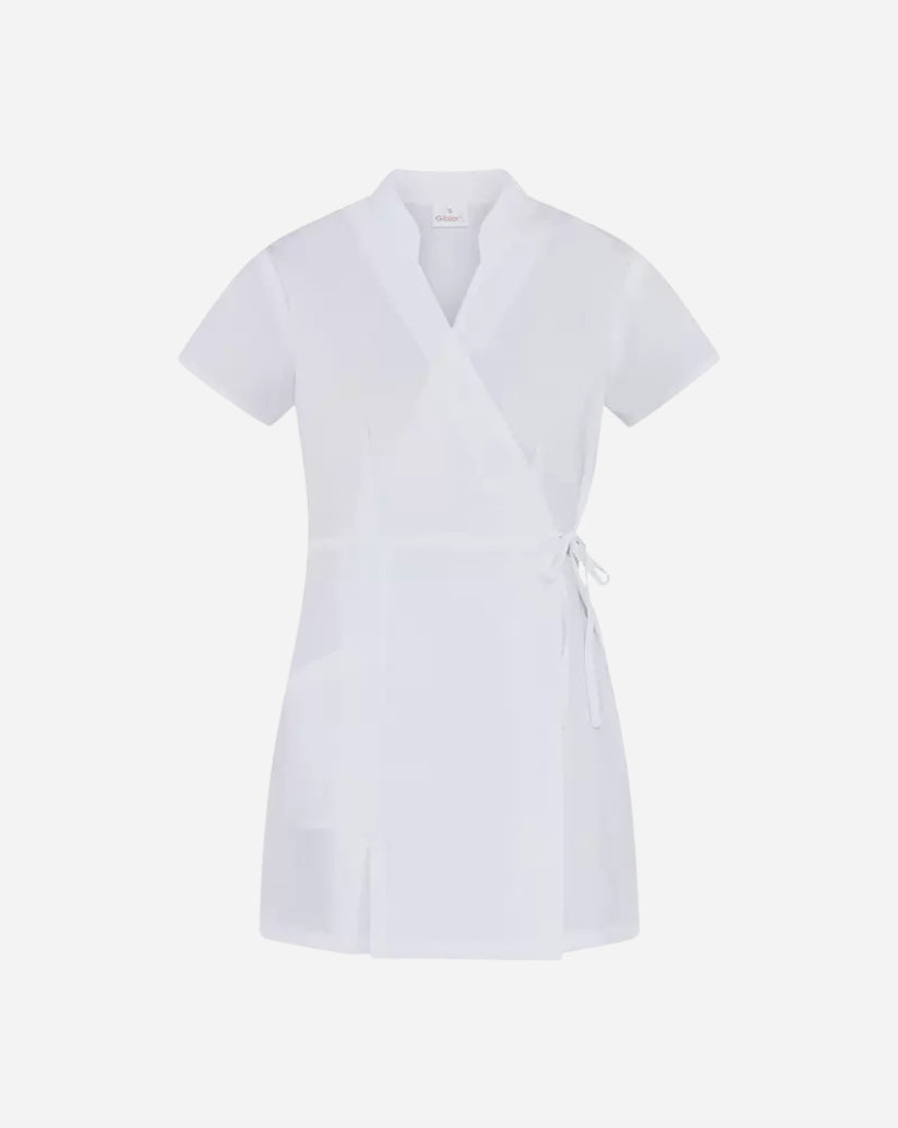 Kimono donna bianco in microfibra con collo alla coreana, scollo a incrocio con lacci laterali e maniche corte.