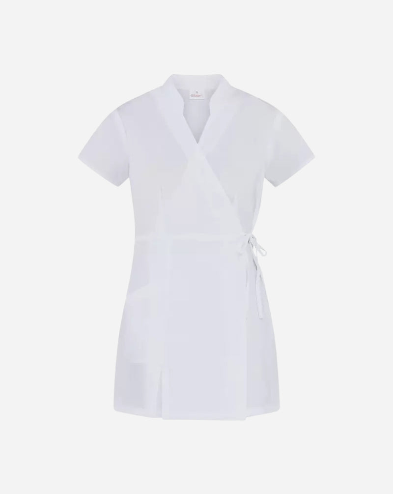 Kimono donna bianco in microfibra con collo alla coreana, scollo a incrocio con lacci laterali e maniche corte.