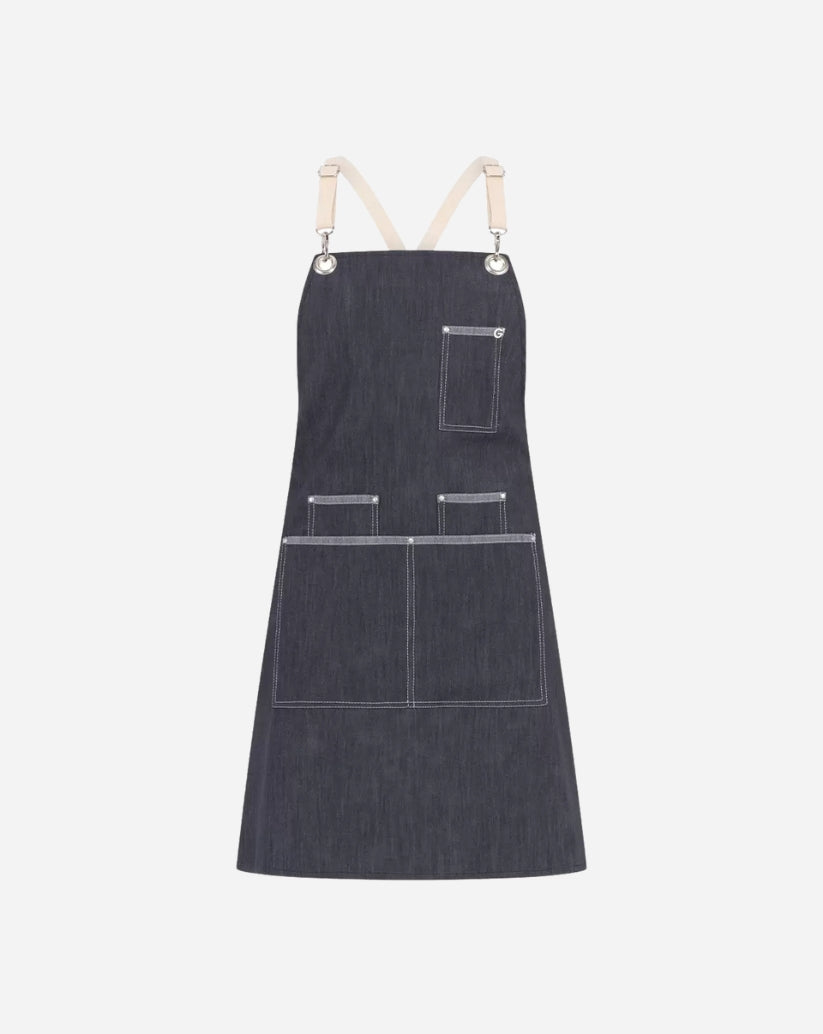 Grembiule unisex in blue jeans stretch bretelle regolabili, con tre portapenne, due tasche ampie e vele in nikel.