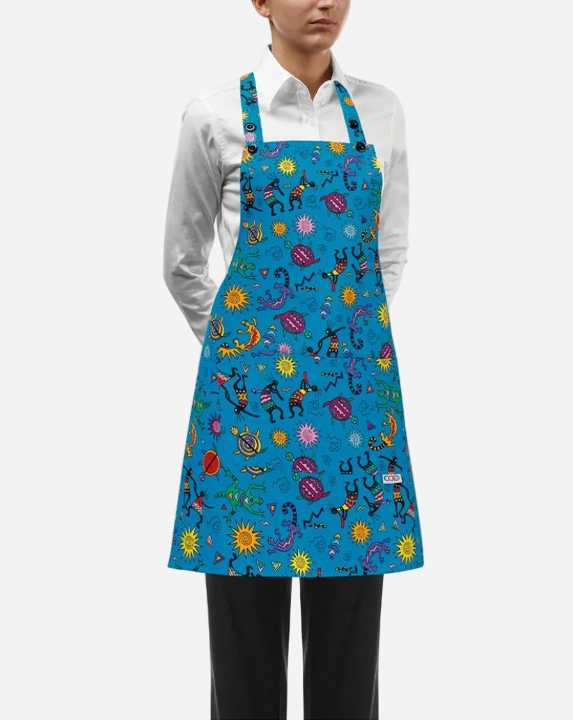 Grembiule donna con pettorina regolabile e due tasche fantasia grafici su sfondo turchese