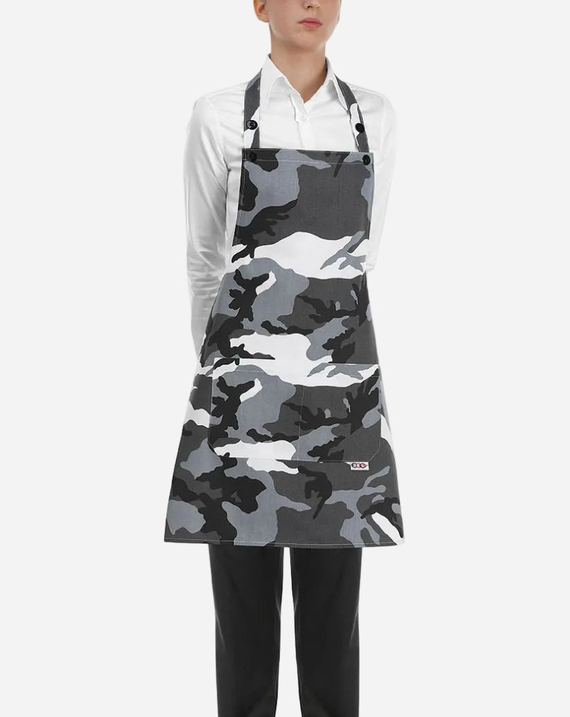 Grembiule donna con pettorina regolabile e due tasche fantasia militare grigia