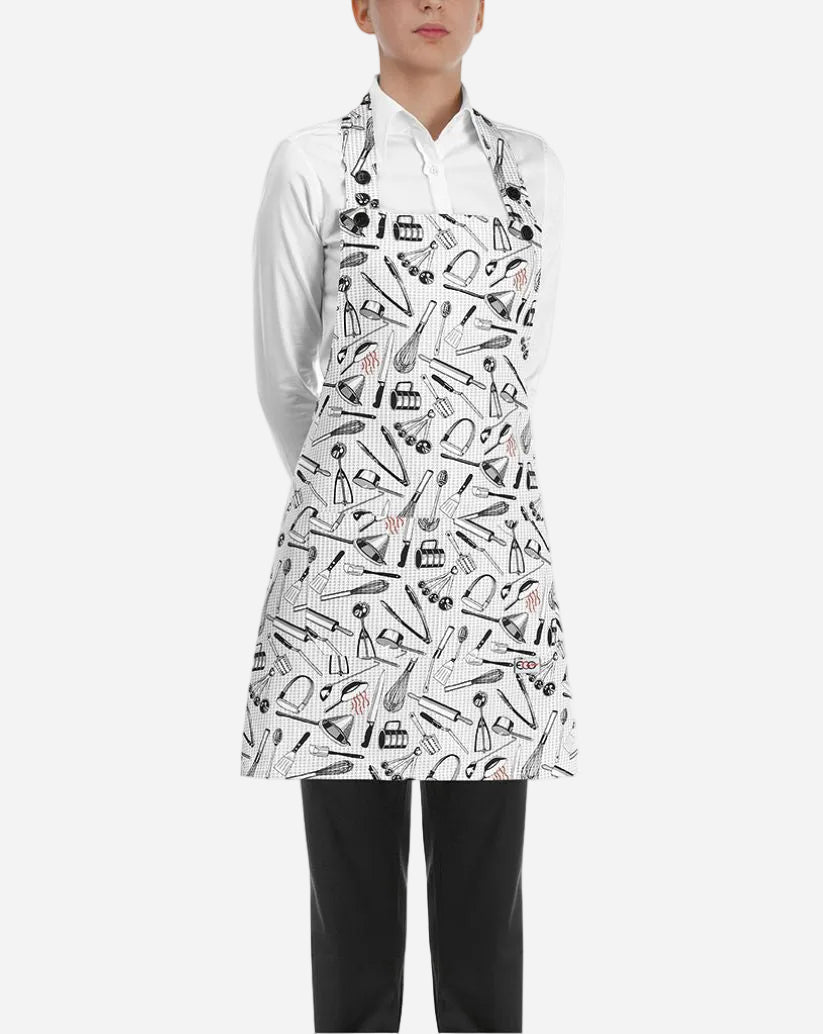 Grembiule donna con pettorina regolabile e due tasche fantasia utensili cucina