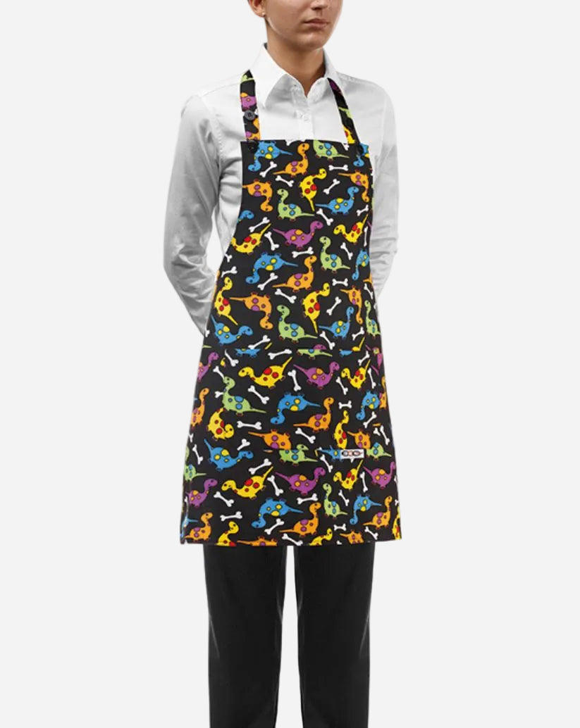 Grembiule donna con pettorina regolabile e due tasche fantasia dinosauri