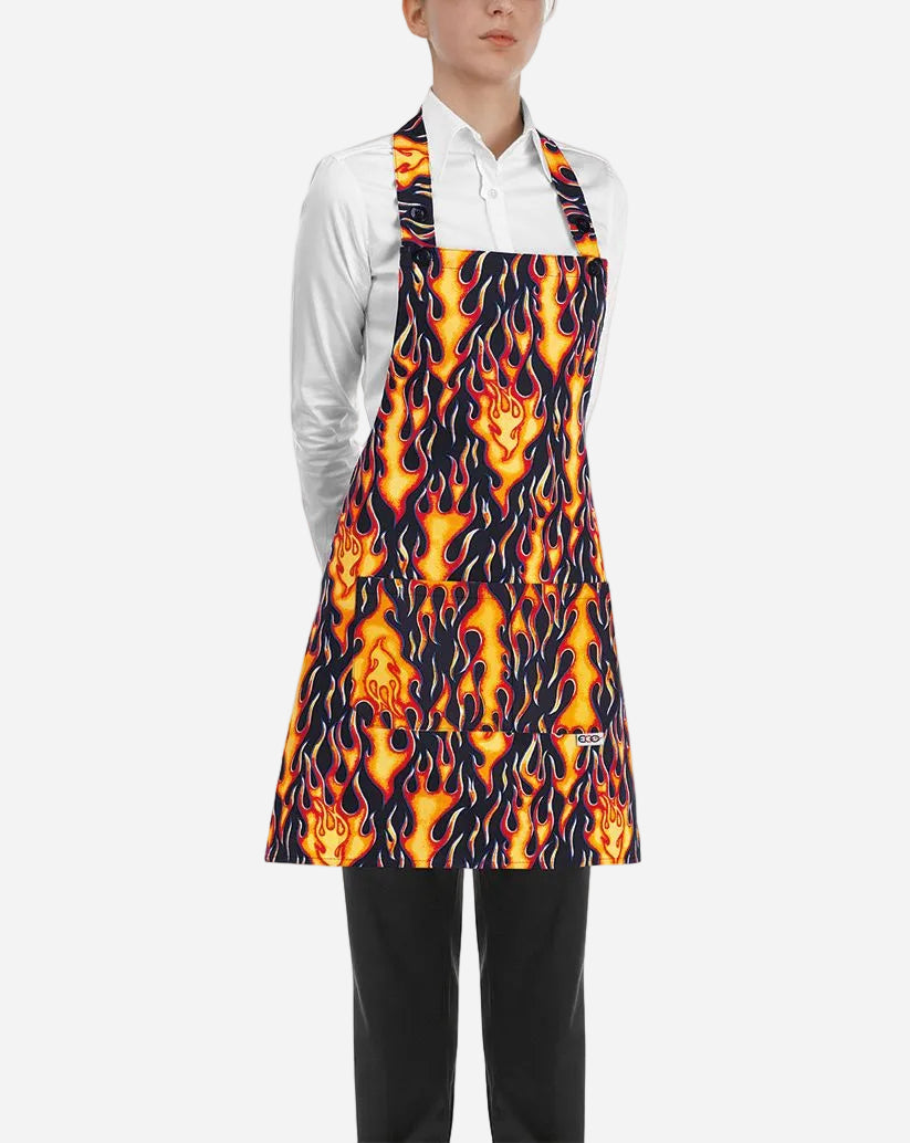 Grembiule donna con pettorina regolabile e due tasche fantasia fiamme