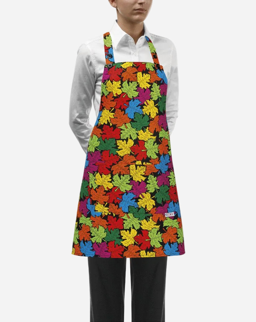 Grembiule donna con pettorina regolabile e due tasche fantasia foglie colorate