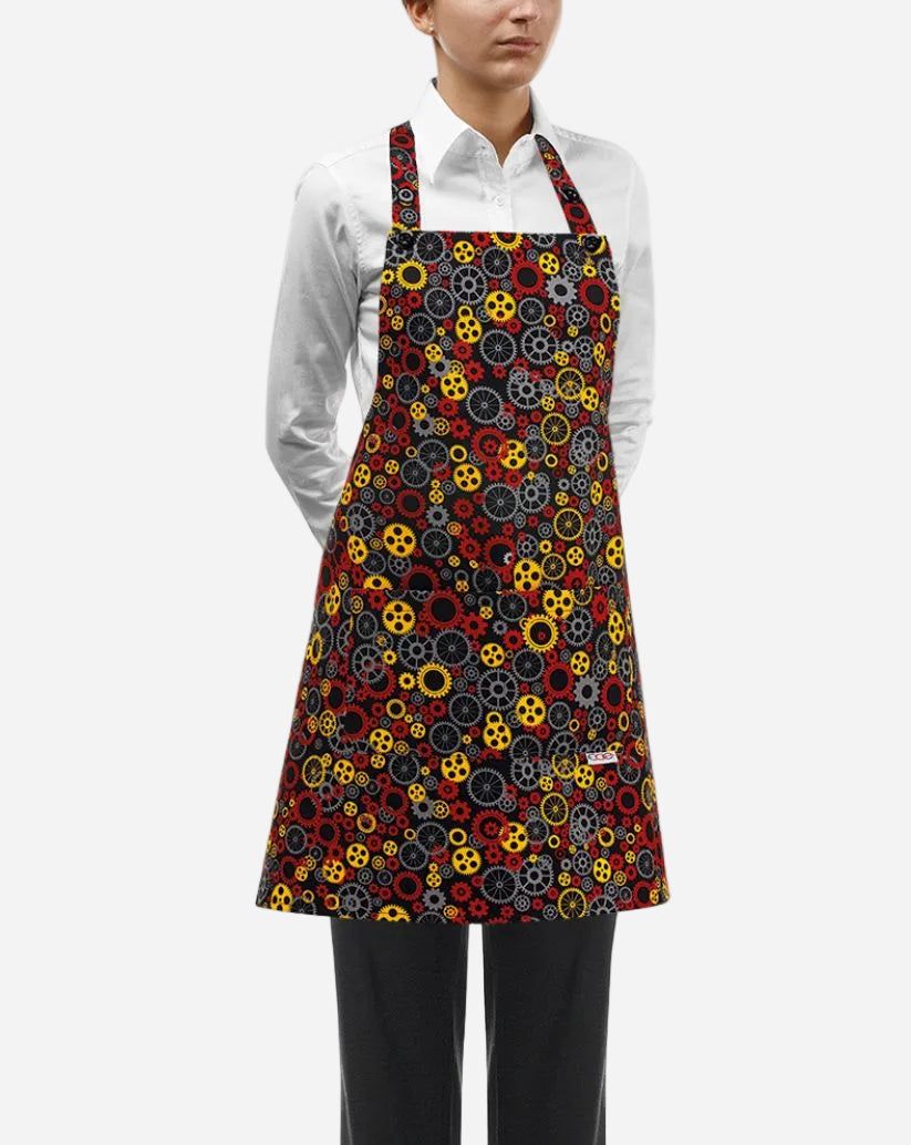 Grembiule donna con pettorina regolabile e due tasche fantasia ingranaggi