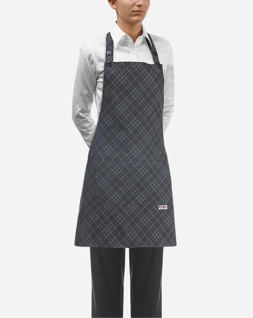 Grembiule donna con pettorina regolabile e due tasche fantasia scozzese grigio su fondo nero