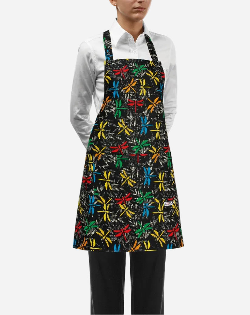 Grembiule donna con pettorina regolabile e due tasche fantasia libellule