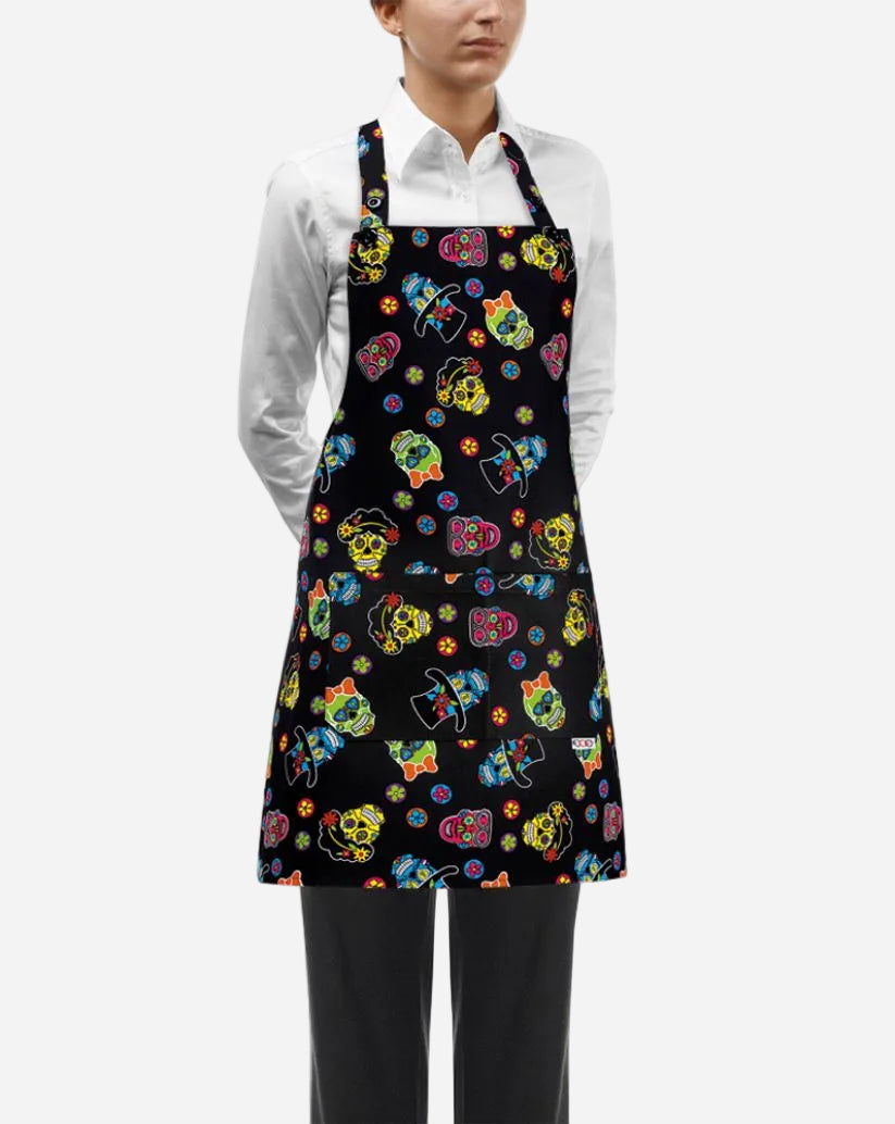 Grembiule donna con pettorina regolabile e due tasche fantasia teschi messicani