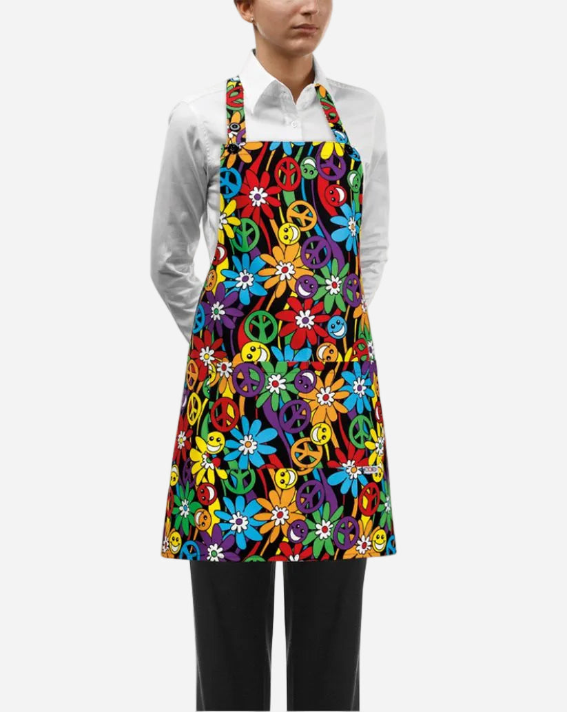 Grembiule donna con pettorina regolabile e due tasche fantasia peace and love
