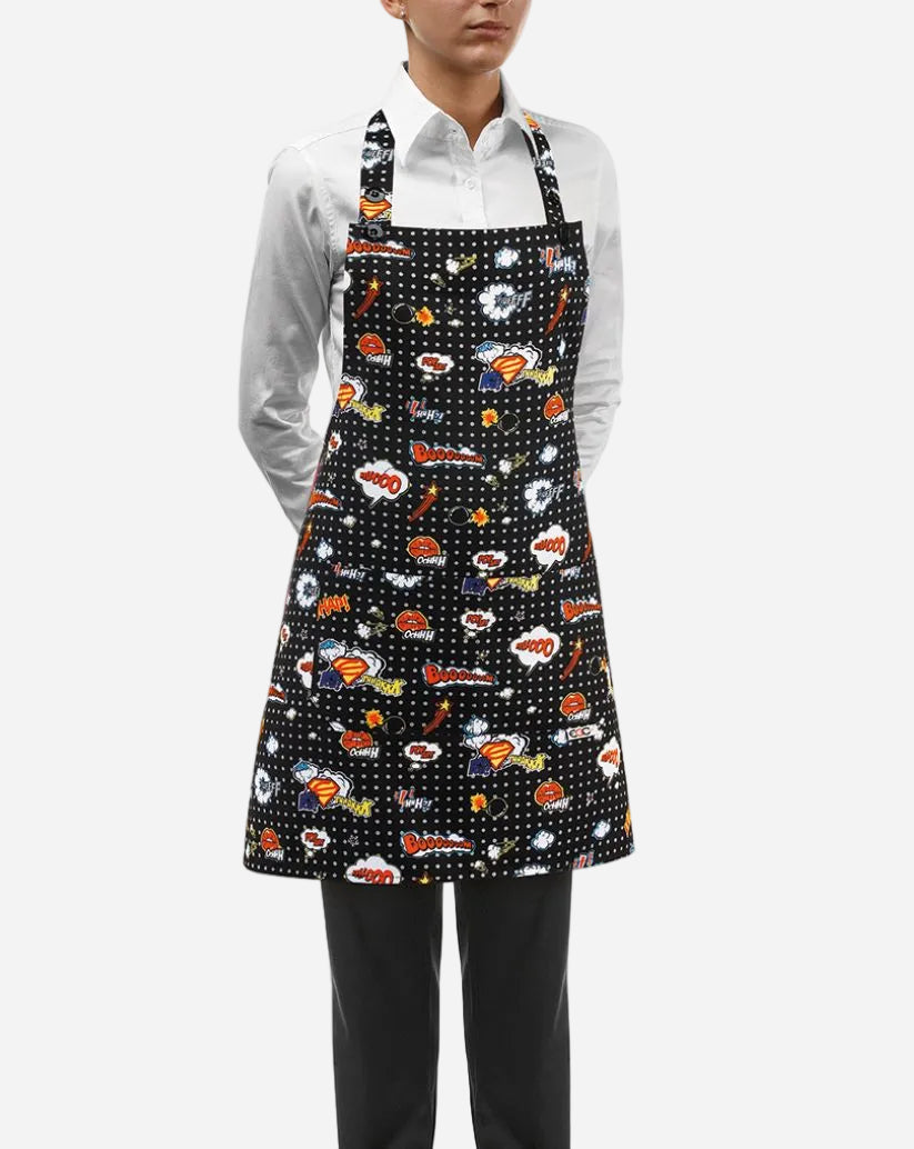 Grembiule donna con pettorina regolabile e due tasche fantasia fumetti