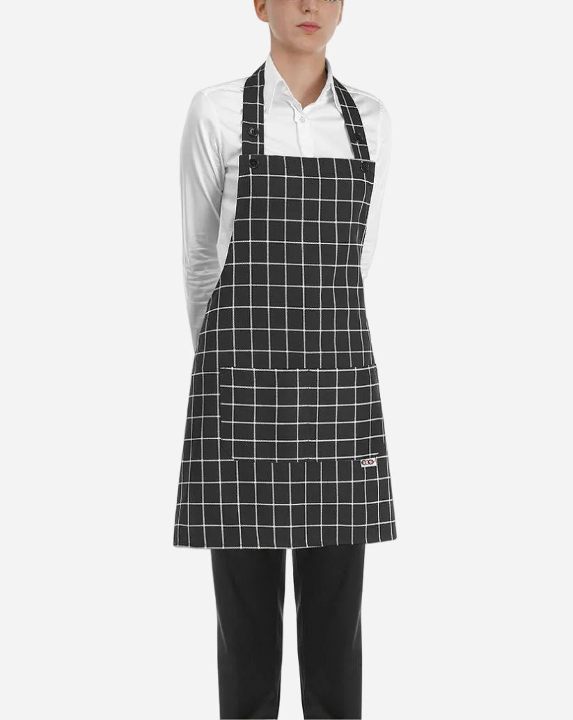 Grembiule donna con pettorina regolabile e due tasche fantasia quadrati bianchi su fondo nero