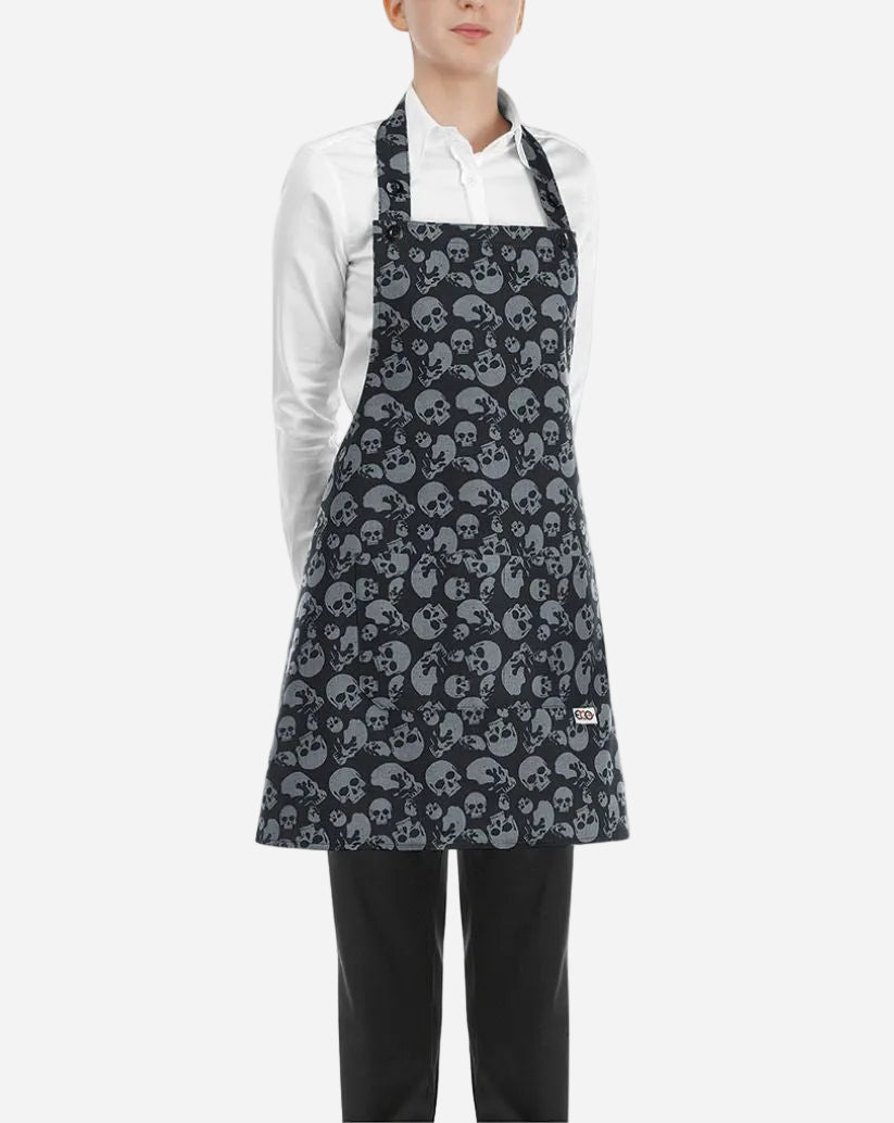 Grembiule donna con pettorina regolabile e due tasche fantasia teschi grigi