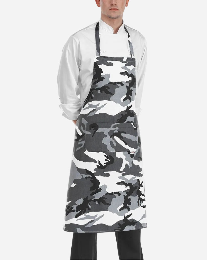 Grembiule unisex con pettorina regolabile e due tasche fantasia militare grigio