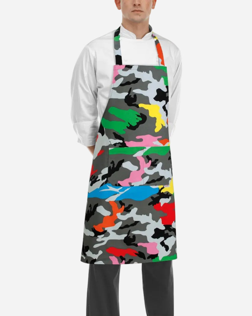 Grembiule unisex con pettorina regolabile e due tasche fantasia militare colorato