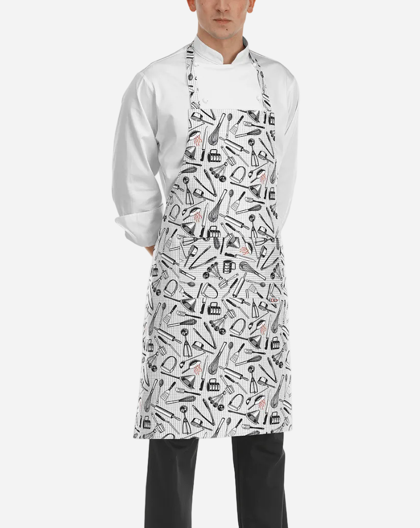 Grembiule unisex con pettorina regolabile e due tasche fantasia utensili cucina
