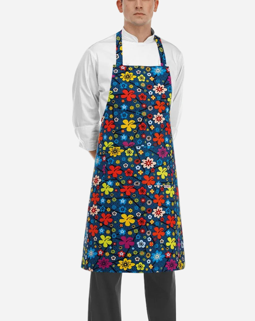 Grembiule unisex con pettorina regolabile e due tasche fantasia fiori