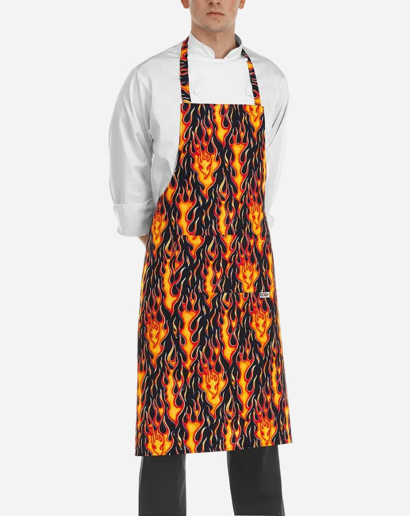 Grembiule unisex con pettorina regolabile e due tasche fantasia fiamme