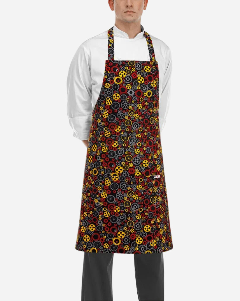 Grembiule unisex con pettorina regolabile e due tasche fantasia ingranaggi