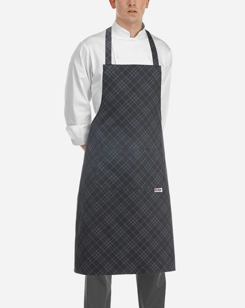 Grembiule unisex con pettorina regolabile e due tasche fantasia scozzese grigio su fondo nero