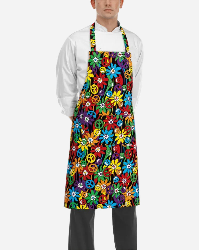Grembiule unisex con pettorina regolabile e due tasche fantasia peace and love