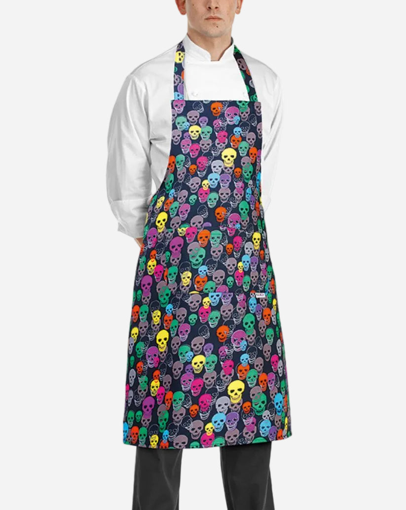 Grembiule unisex con pettorina regolabile e due tasche fantasia teschi colorati
