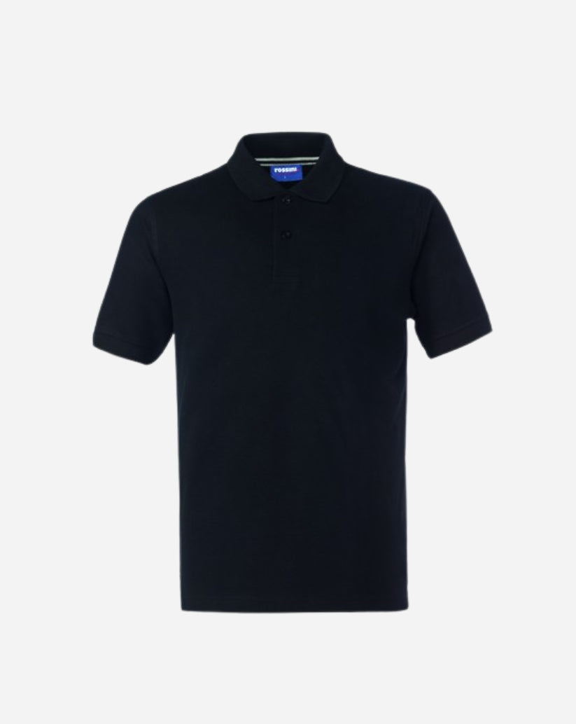 Polo unisex nera in cotone con chiusura centrale a tre bottoni, colletto classico e maniche corte.