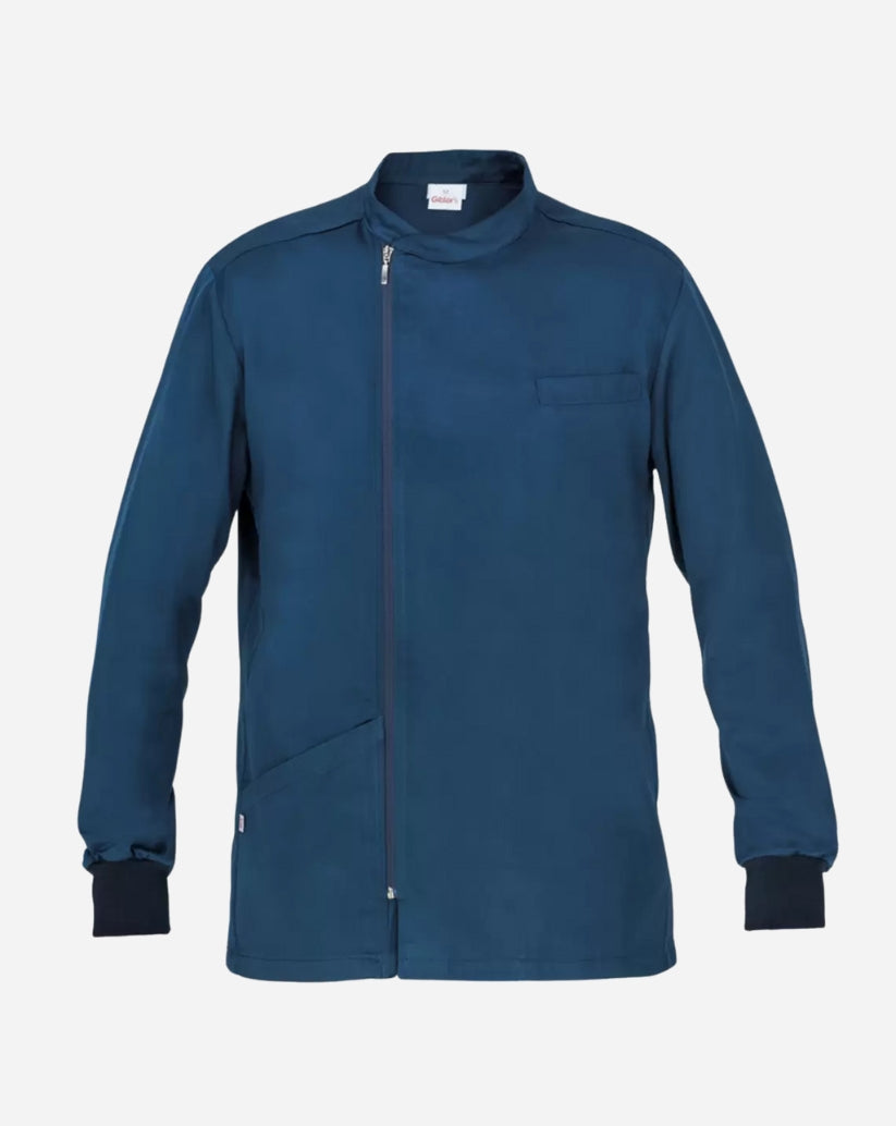 Casacca uomo blu in satin elasticizzato con collo alla coreana, chiusura con zip, maniche lunghe con polsini in costina e linea slim fit