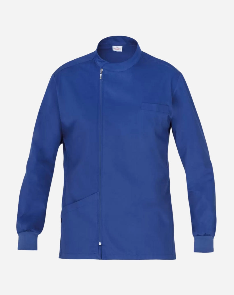 Casacca uomo bluette in satin elasticizzato con collo alla coreana, chiusura con zip, maniche lunghe con polsini in costina e linea slim fit