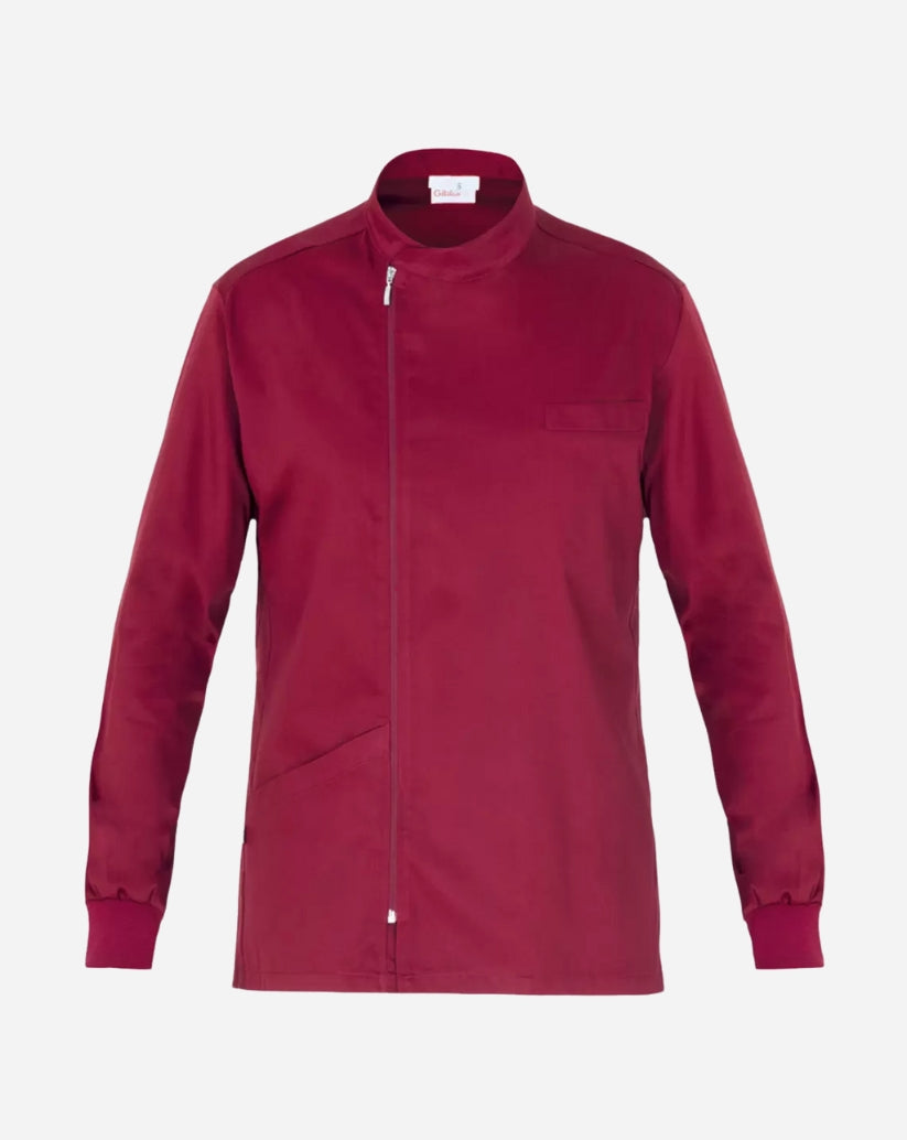 Casacca uomo bordeaux in satin elasticizzato con collo alla coreana, chiusura con zip, maniche lunghe con polsini in costina e linea slim fit