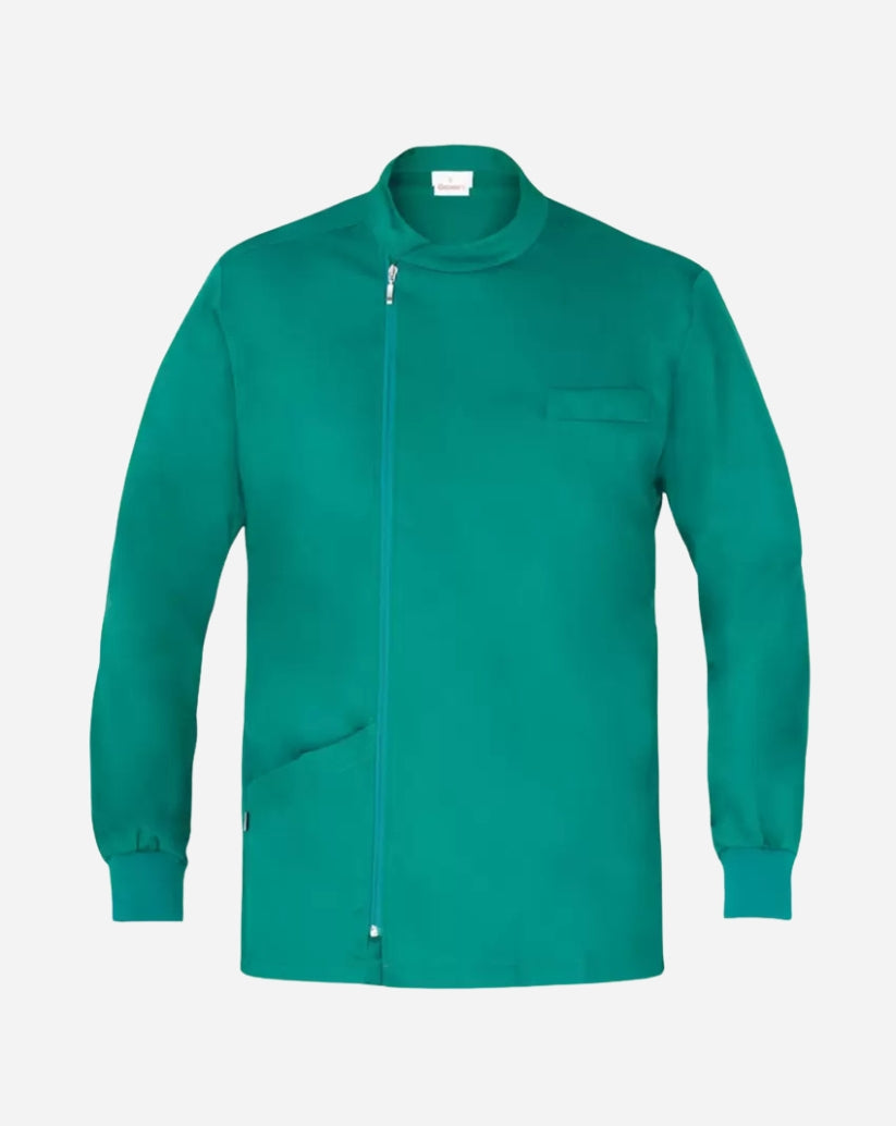 Casacca uomo verde in satin elasticizzato con collo alla coreana, chiusura con zip, maniche lunghe con polsini in costina e linea slim fit