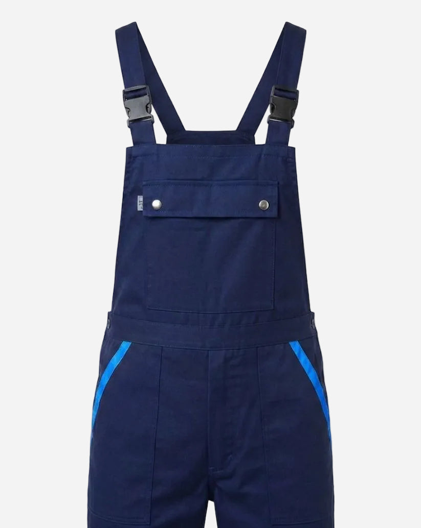 Salopette blu  con profili blu elettrico con bretelle regolabili e tasca centrale