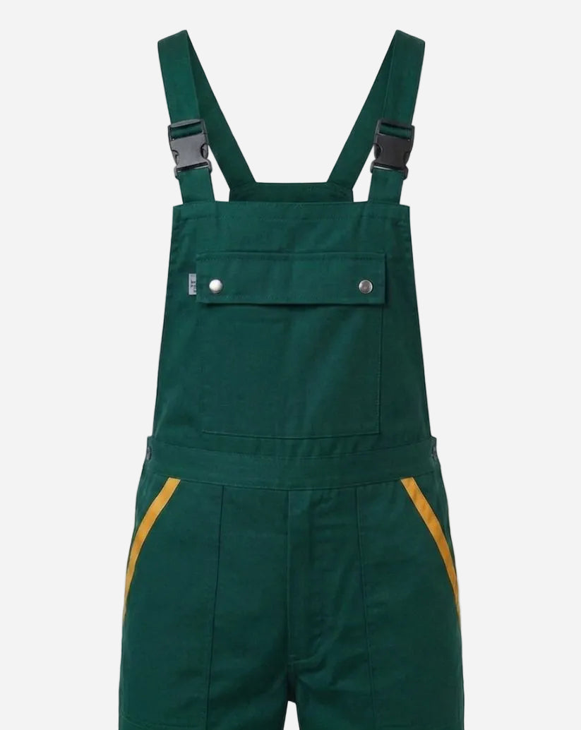 Salopette verde con profili giallo ocra con bretelle regolabili e tasca centrale