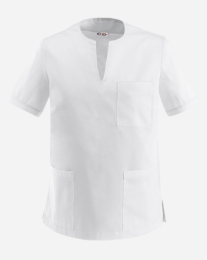 Casacca donna bianca con scollo a V , tre tasche taglio slim fit a maniche corte