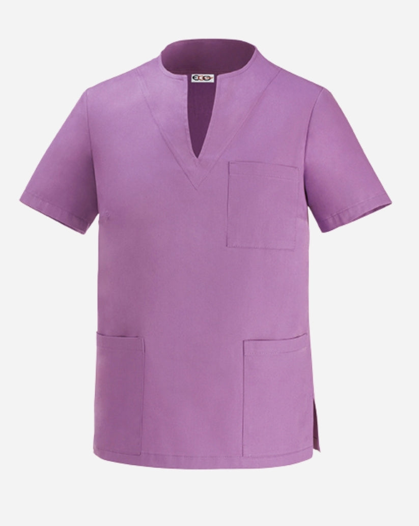 Casacca donna lilla con scollo a V , tre tasche taglio slim fit a maniche corte