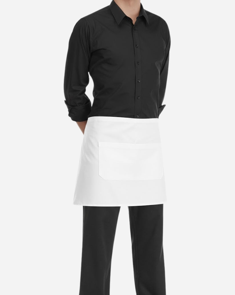 Grembiule mini con lunghezza sopra al ginocchio, unisex e  taglia unica con lacci regolabili e due tasche centrali, tessuto stiro facile