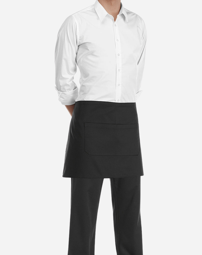 Grembiule vita  mini nero con lunghezza sopra al ginocchio, unisex e; taglia unica con lacci regolabili e due tasche centrali, tessuto stiro facile